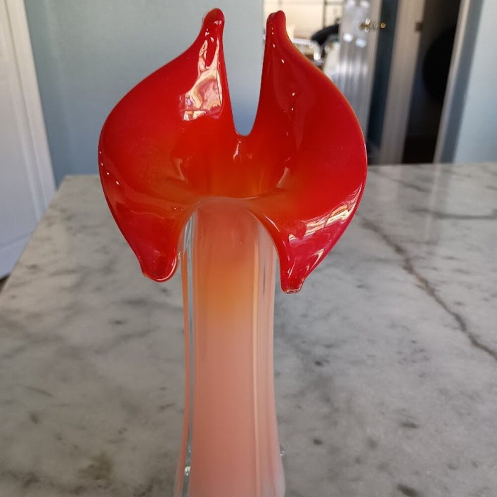 Red Orange Blown Art Glass Murano Style 12" High Vase with Square bottom